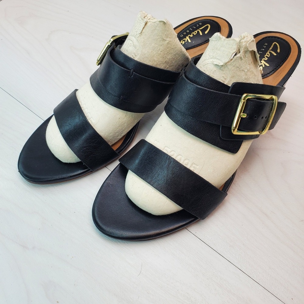Clarks Artisan‎ Women Black Leather Buckle Block Heel Mules Sandals Size 8.5